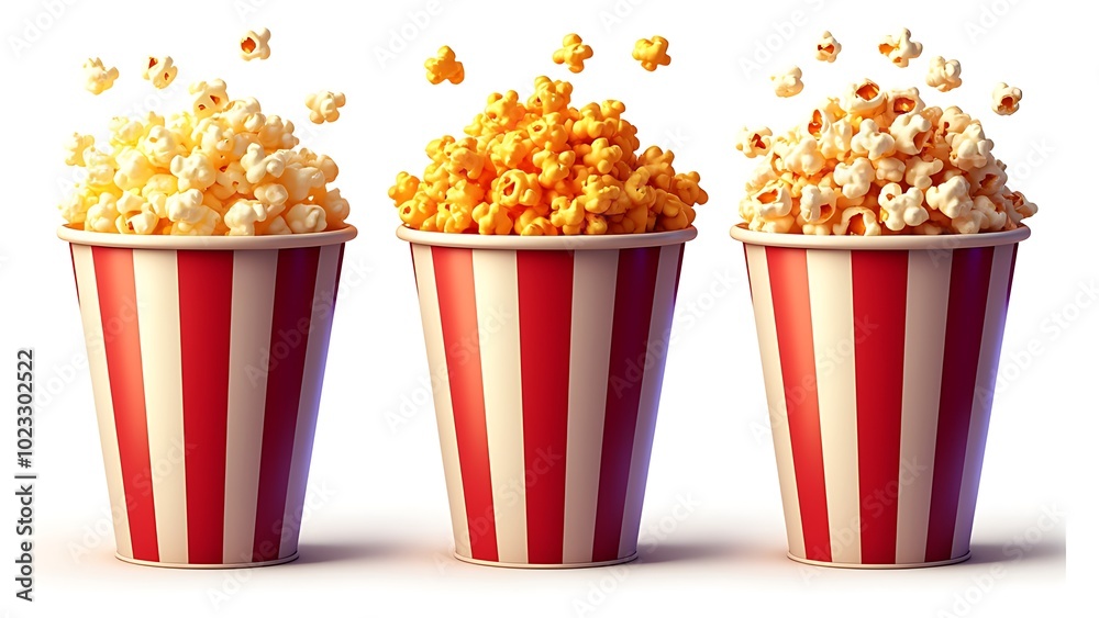 Popcorn 3d icons and objects collection, in cartoon style minimal on transparent, white background, isolate Popcorn 3d icons and objects collection, in cartoon style minimal on transparent, white background, isolate