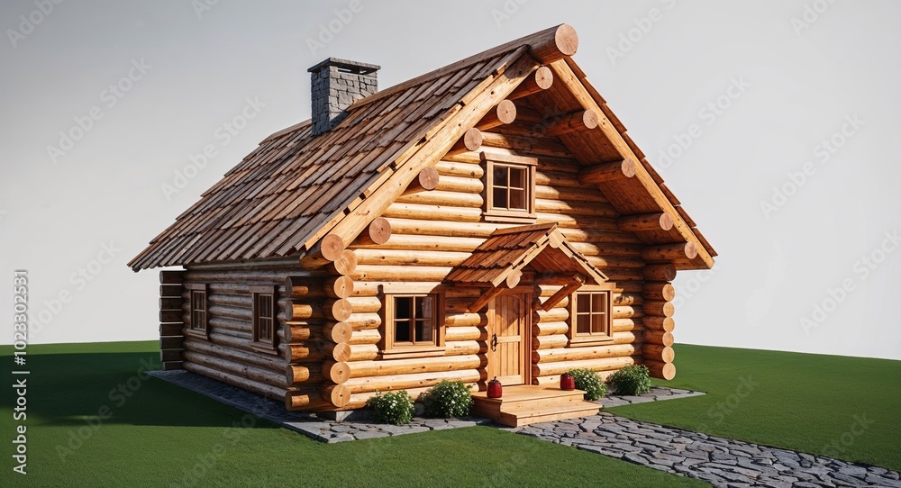 Model wooden log cabin house with handcrafted wooden roof on plain white background Model wooden log cabin house with handcrafted wooden roof on plain white background