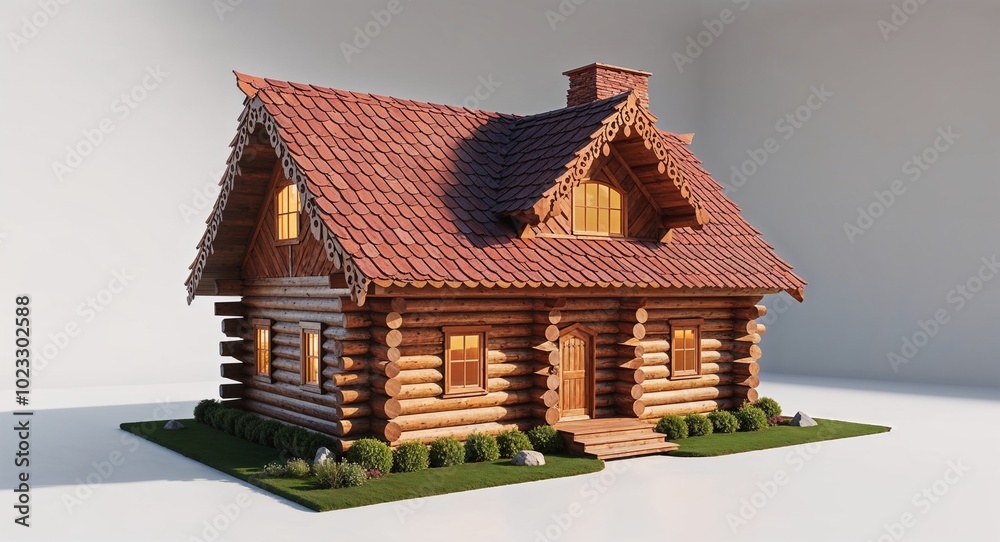 Model wooden log cabin house with intricate roof patterns on plain white background Model wooden log cabin house with intricate roof patterns on plain white background