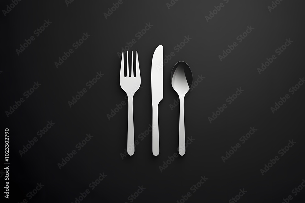 Silver Fork, Knife, and Spoon on Black Background Silver Fork, Knife, and Spoon on Black Background