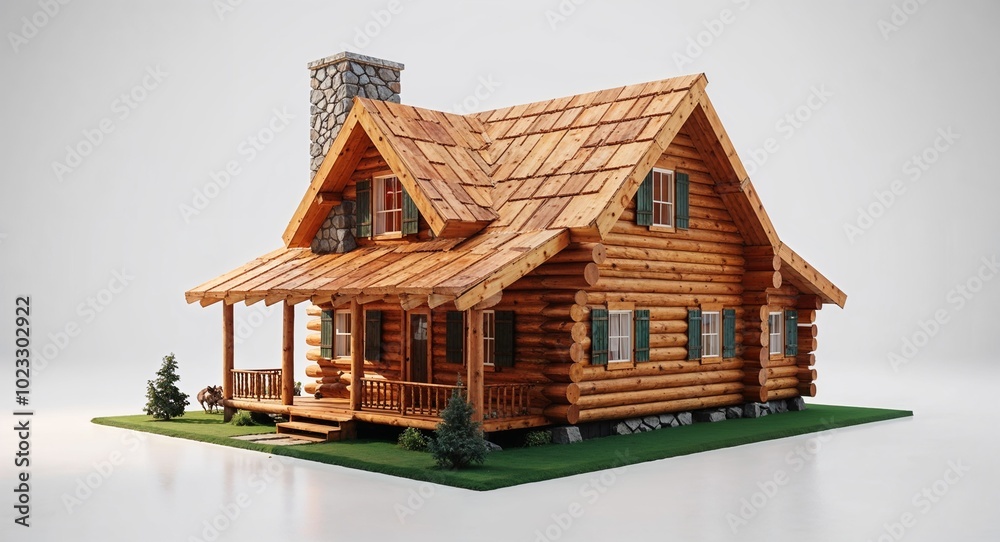 Model wooden log cabin house with unique wood textures on plain white background Model wooden log cabin house with unique wood textures on plain white background