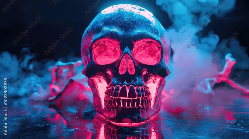 A vibrant skull illuminated by pink and blue lights, surrounded by colorful smoke, creating a striking and eerie atmosphere. A vibrant skull illuminated by pink and blue lights, surrounded by colorful smoke, creating a striking and eerie atmosphere.