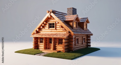 Model wooden log cabin house with tiny timber logs on plain white background