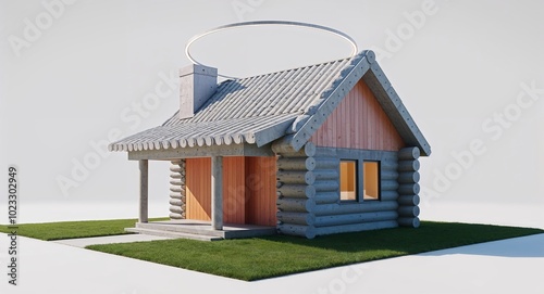 Modern cement log cabin house with sloped roof on plain white background