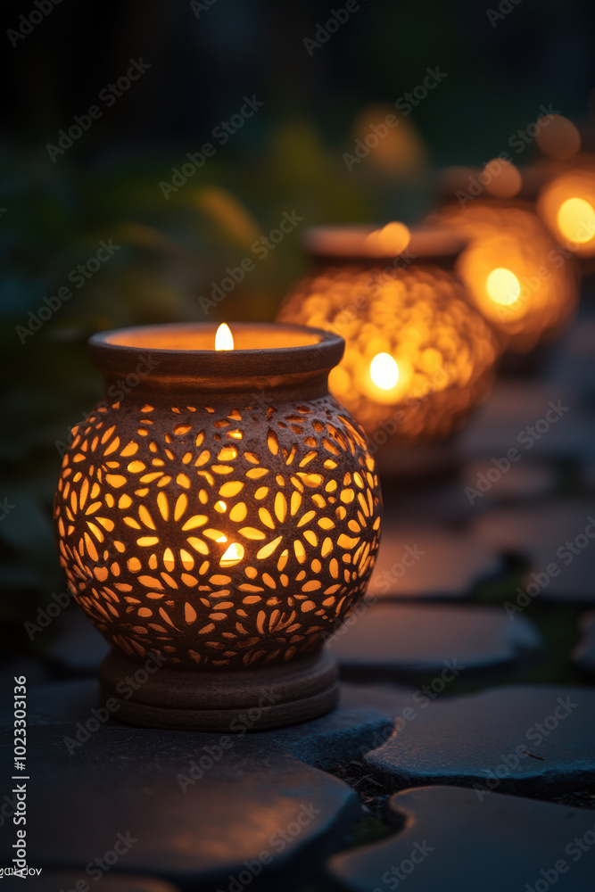 Blurred Cemetery Background with Candles in Lanterns