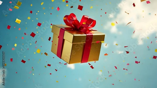 Gold Gift Box with Red Ribbon and Confetti Falling from the Sky