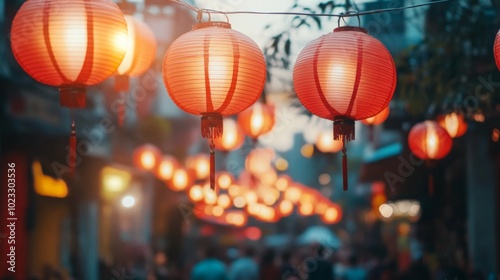 Festive red lanterns hanging above a city street, softly glowing in the evening light, with a blurred crowd in the background celebrating a festival.