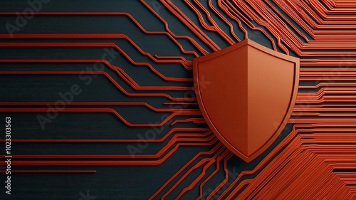 Cybersecurity data flow design, with moving lines representing data streams, glowing shields, and threat detection analytics