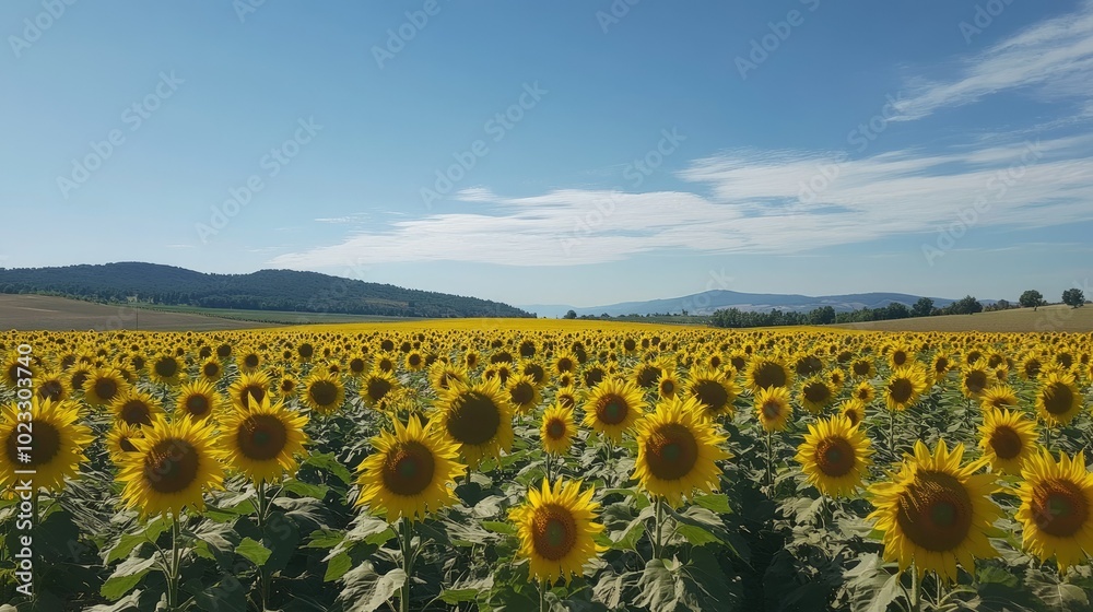 Obraz premium A field of sunflowers in full bloom, with plenty of room for text in the sky