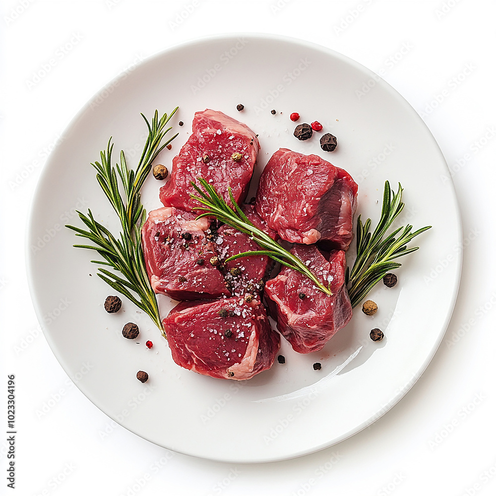 Pieces of Fresh Beef on a Plate on Solid White Background Pieces of Fresh Beef on a Plate on Solid White Background