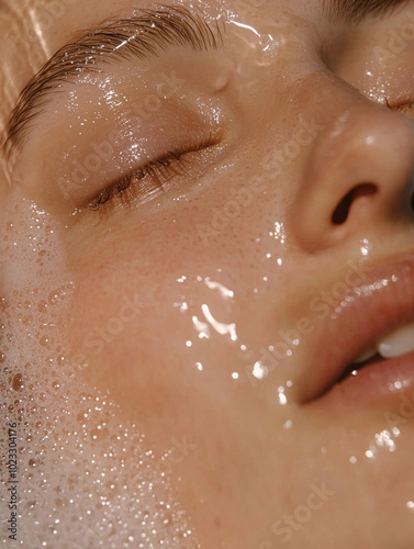 serene close up of persons face with water droplets and bubbles, showcasing fresh and clean appearance. soft skin texture and gentle expression evoke sense of tranquility and rejuvenation