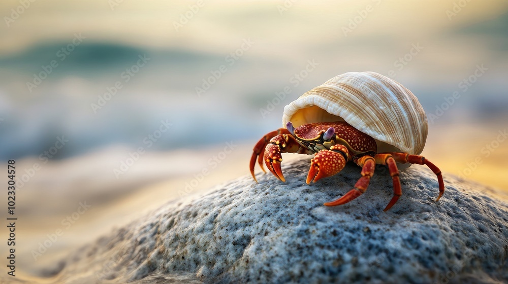 A hermit crab emerging from its shell on a smooth rock, perfect for adding your message A hermit crab emerging from its shell on a smooth rock, perfect for adding your message
