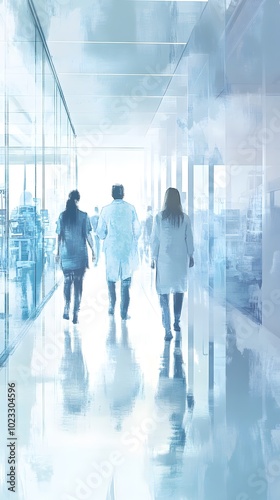 An illustration of doctors and nurses in a hospital corridor, with a blurred background in light blue tones