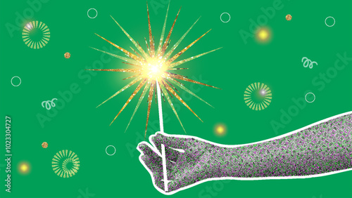 Modern halftone collage hand holds a sparkler. Poster Happy New Year party with bengal lights.