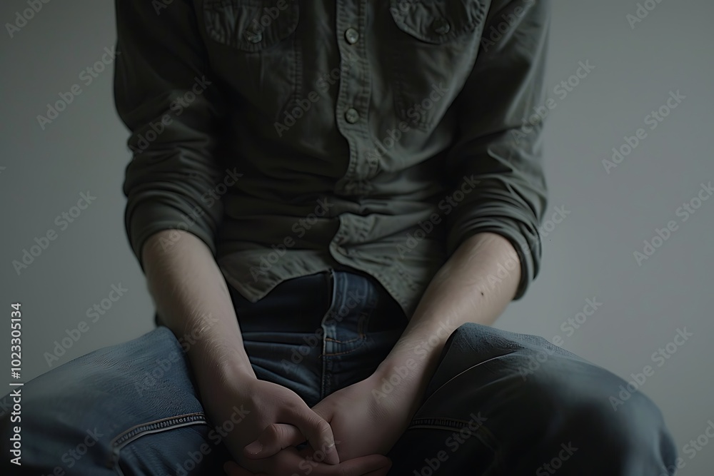 A close-up of a seated person, hands clasped, wearing a button-up shirt. The background is muted, emphasizing a contemplative mood. A close-up of a seated person, hands clasped, wearing a button-up shirt. The background is muted, emphasizing a contemplative mood.