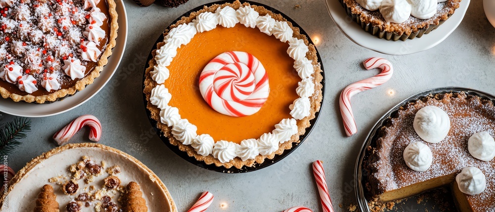 Assortment of pies with peppermint candies on a grey background. Assortment of pies with peppermint candies on a grey background.