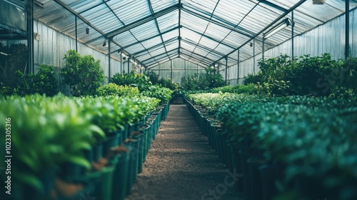 A large, modern greenhouse filled with rows of plants. Plenty of copy space available