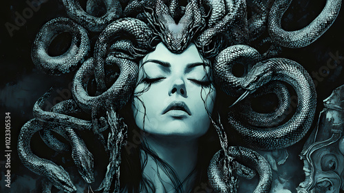 Coils of venomous serpents adorn the gorgon's scalp, as her petrifying gaze, etched with ancient resentments, freezes all who dare to behold her timeless visage. Hydra Rising. Illustration photo