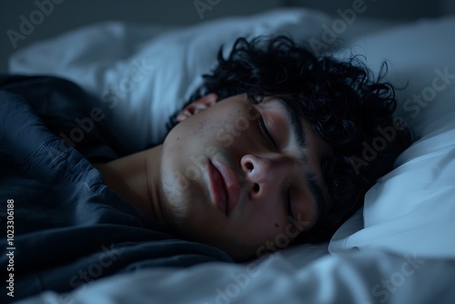 A peaceful young man with curly hair is sleeping on white pillows in a softly lit bedroom, exuding tranquility and restfulness. photo