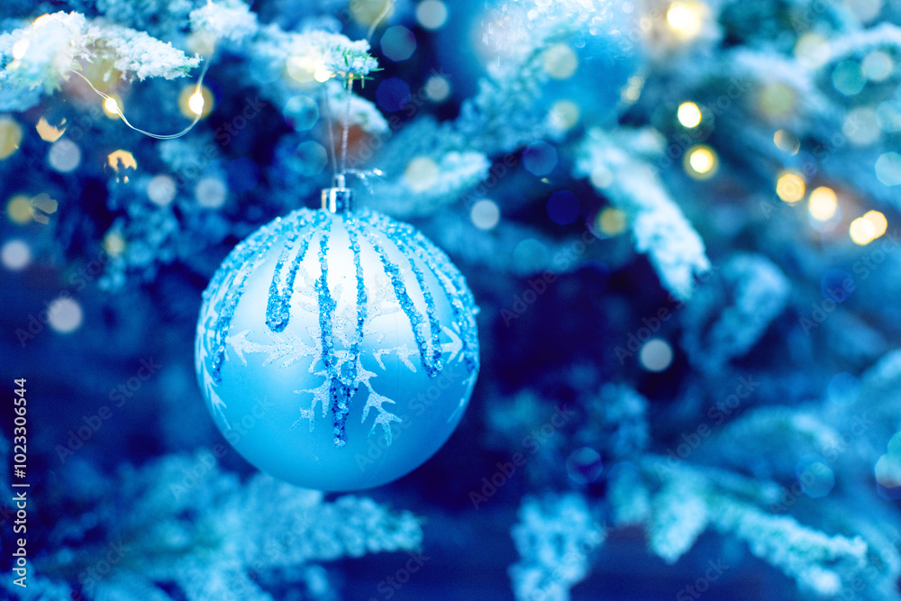 New Year's decor. Christmas background with decorative balls on a Christmas tree branch, soft selective focus, toned New Year's decor. Christmas background with decorative balls on a Christmas tree branch, soft selective focus, toned