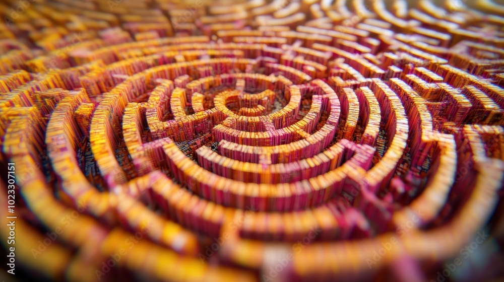 Colorful Abstract Maze Pattern with Concentric Circles and Vibrant Textures in a Close-Up View Colorful Abstract Maze Pattern with Concentric Circles and Vibrant Textures in a Close-Up View