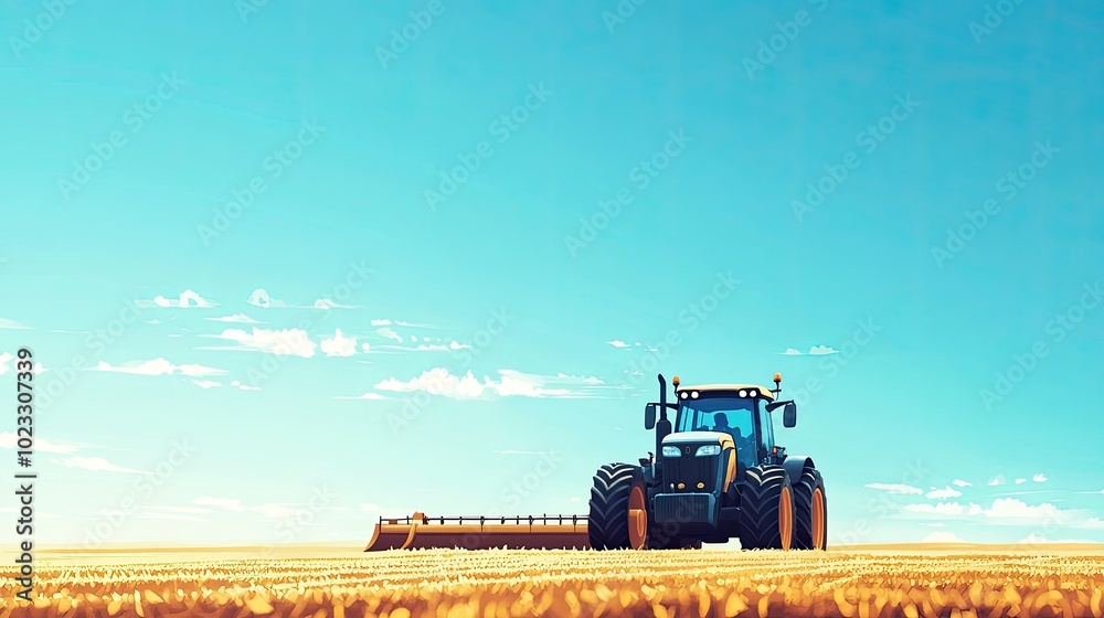 Obraz premium A modern tractor plowing a field under a bright blue sky. Room for text above the horizon