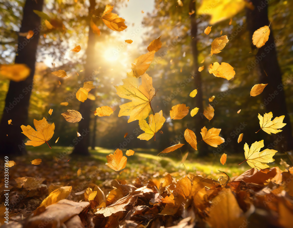 Golden autumn leaves swirl through the air in a forest, illuminated by the soft glow of the afternoon sun. Golden autumn leaves swirl through the air in a forest, illuminated by the soft glow of the afternoon sun.