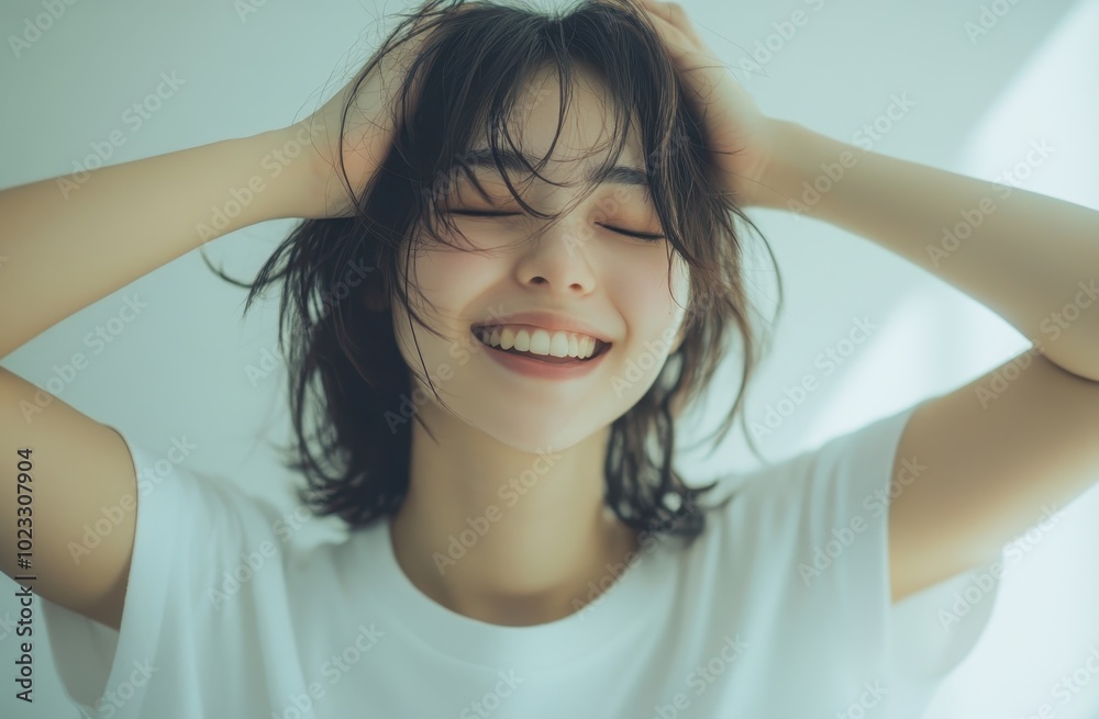 Portrait of a smiling young woman with her hands in her hair Portrait of a smiling young woman with her hands in her hair