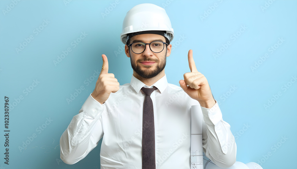 Architect in hard hat with drafts showing ok gesture on light blue background Architect in hard hat with drafts showing ok gesture on light blue background