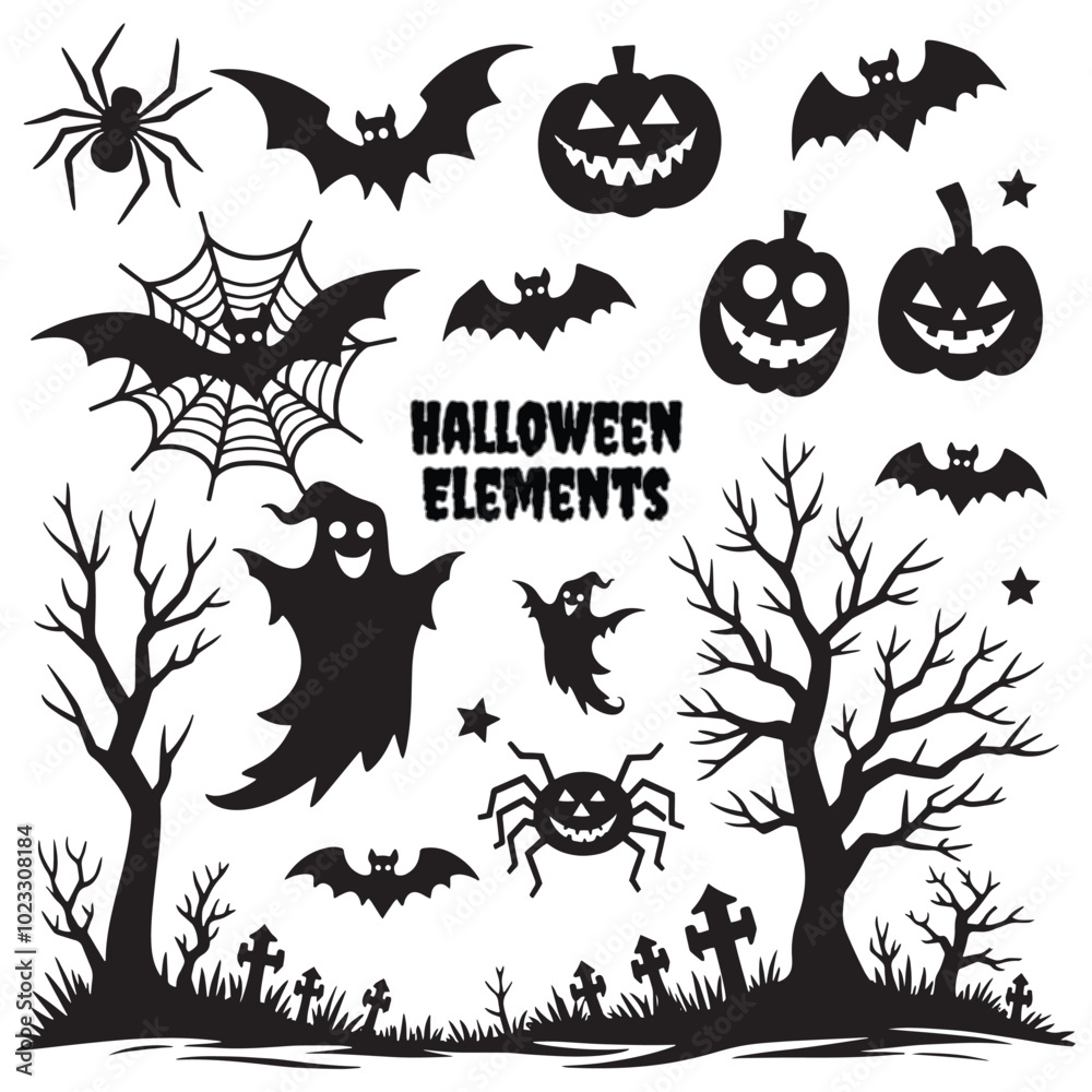 Halloween Silhouette Elements in white Background Halloween Silhouette Elements in white Background