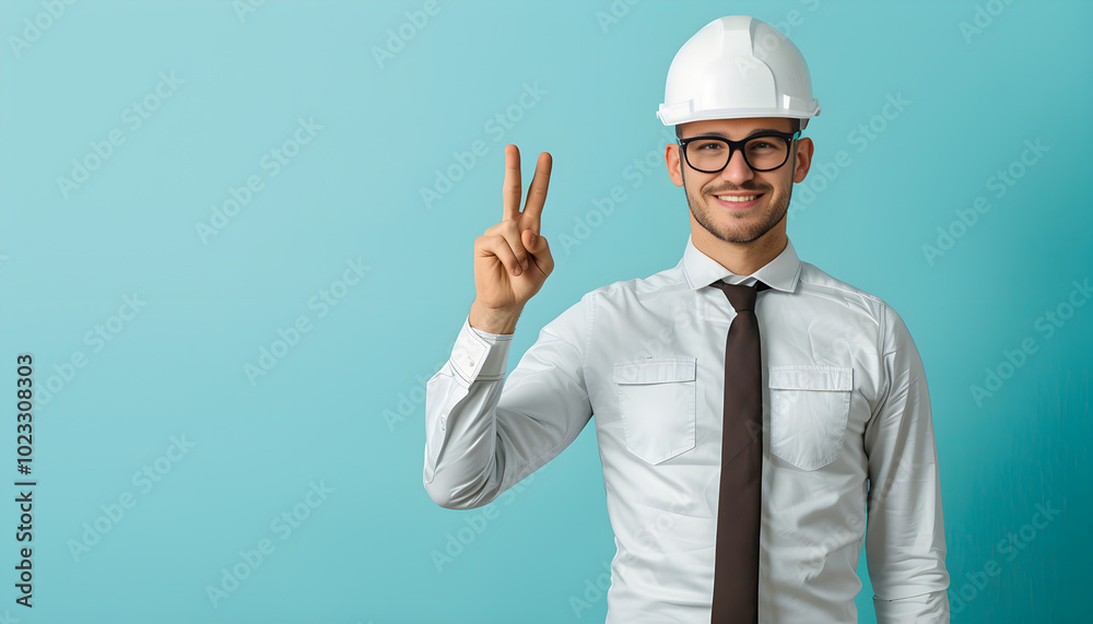 Architect in hard hat with drafts showing ok gesture on light blue background Architect in hard hat with drafts showing ok gesture on light blue background