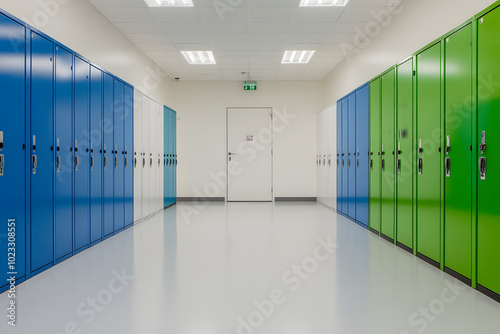 School Hallway with Blue and Green Lockers | Vibrant Educational Environment for Students