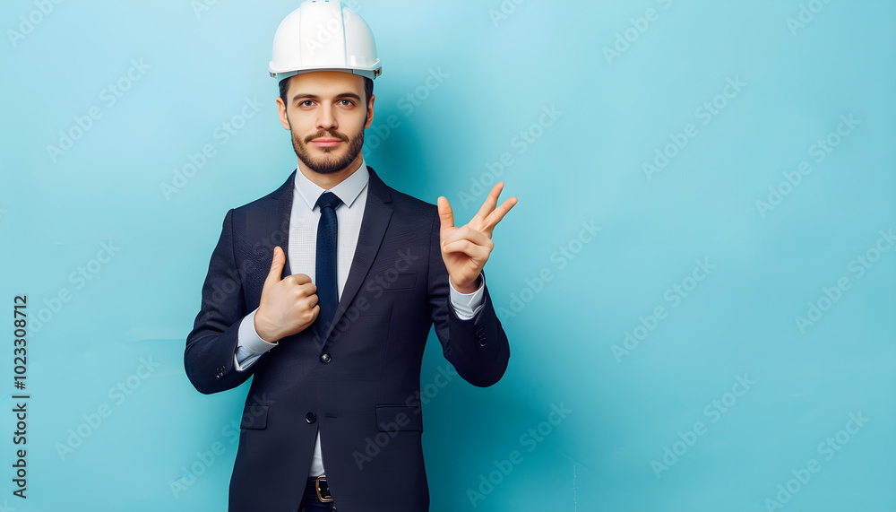 Architect in hard hat with drafts showing ok gesture on light blue background Architect in hard hat with drafts showing ok gesture on light blue background