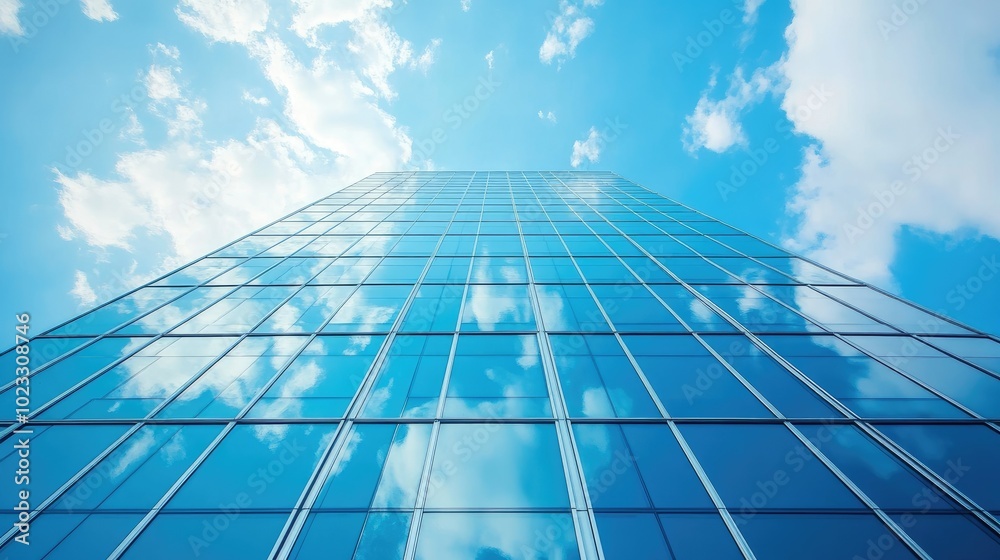 A sleek modern skyscraper with reflective glass windows towering against a blue sky. Copy space available for text A sleek modern skyscraper with reflective glass windows towering against a blue sky. Copy space available for text