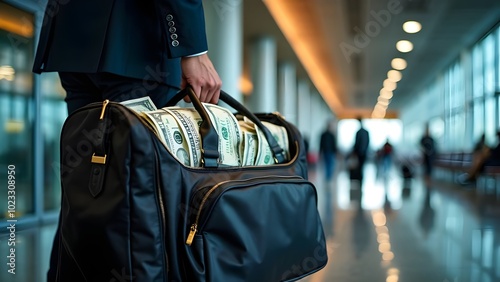 Businessman carrying a bag of money at the airport going for a foreign investment or trading with international market