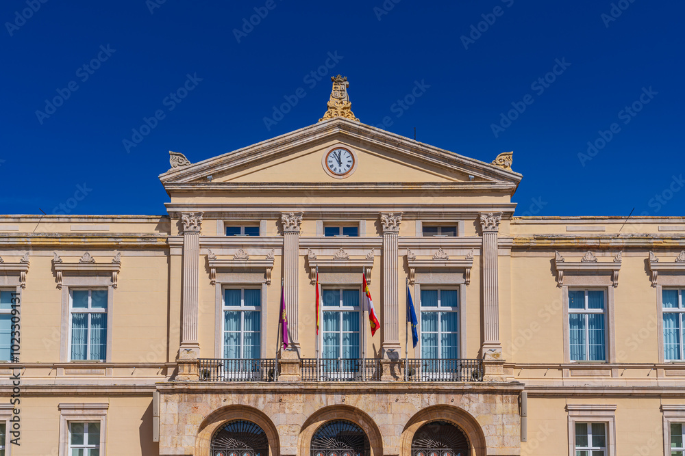 Exterior of the Palencia, Spain, Town Hall building located in the Plaza Mayor, built in the 19th century Exterior of the Palencia, Spain, Town Hall building located in the Plaza Mayor, built in the 19th century