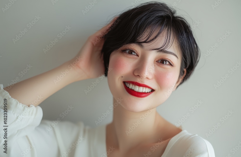 Portrait of a Smiling Woman with Short Black Hair and Red Lipstick Portrait of a Smiling Woman with Short Black Hair and Red Lipstick