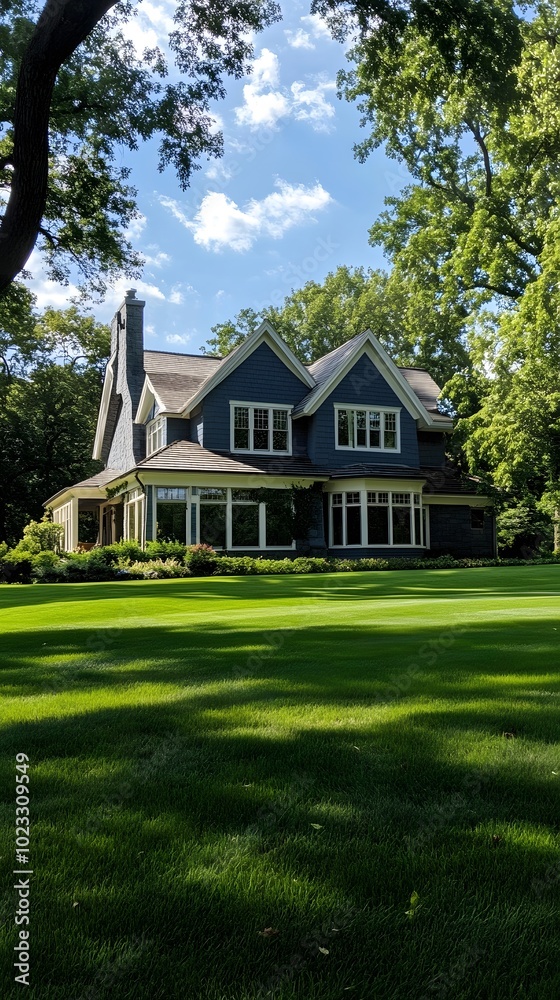 A large, elegant home with expansive windows and a porch on the right side of the picture sits in front of an impressive lawn A large, elegant home with expansive windows and a porch on the right side of the picture sits in front of an impressive lawn