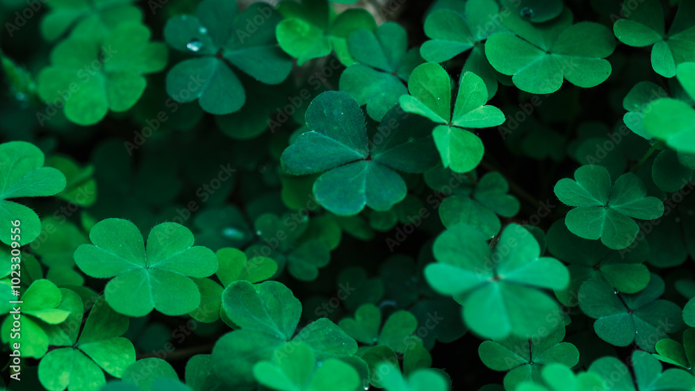 Clover Leaves for Green background with three-leaved shamrocks. st patrick's day background, holiday symbol, Earth Day	