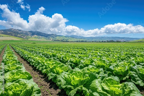 Lettuce Field in Salinas Valley, California. Green Crop Agriculture Under Blue Sky