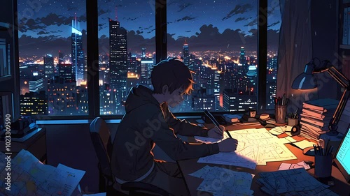 A young Asian male focused on drawing maps at a desk, illuminated by city lights through a window, creating a serene night atmosphere, lofi style manga cozy chill relaxing created with generative ai