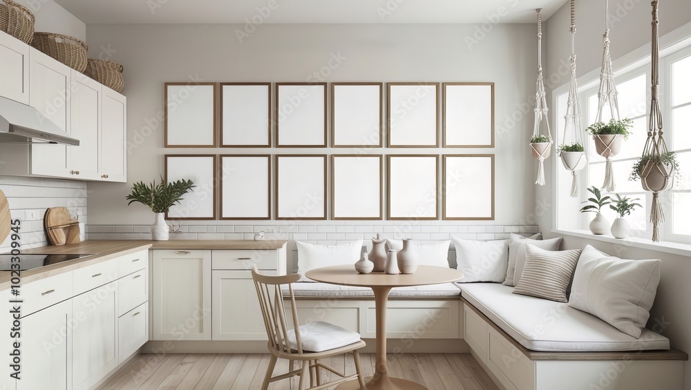 Cozy scandinavian kitchen interior design with poster frame