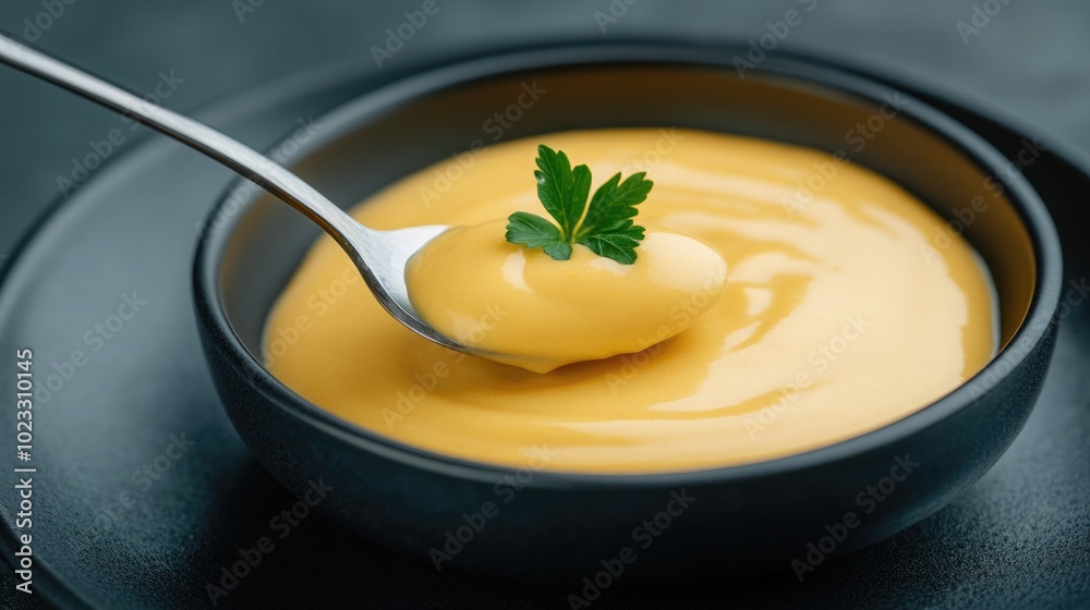 Spoon dipping into creamy CO2-based sauce on elegant black plate Spoon dipping into creamy CO2-based sauce on elegant black plate