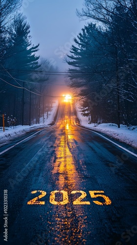 A snowy road with a distant warm glow on the horizon, '2025' marked on the pavement, capturing a serene, hopeful transition from winter to a future ahead.