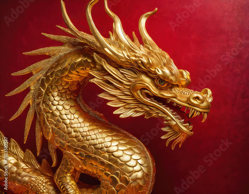 Golden dragon statue on red wall background with copy space for text or design