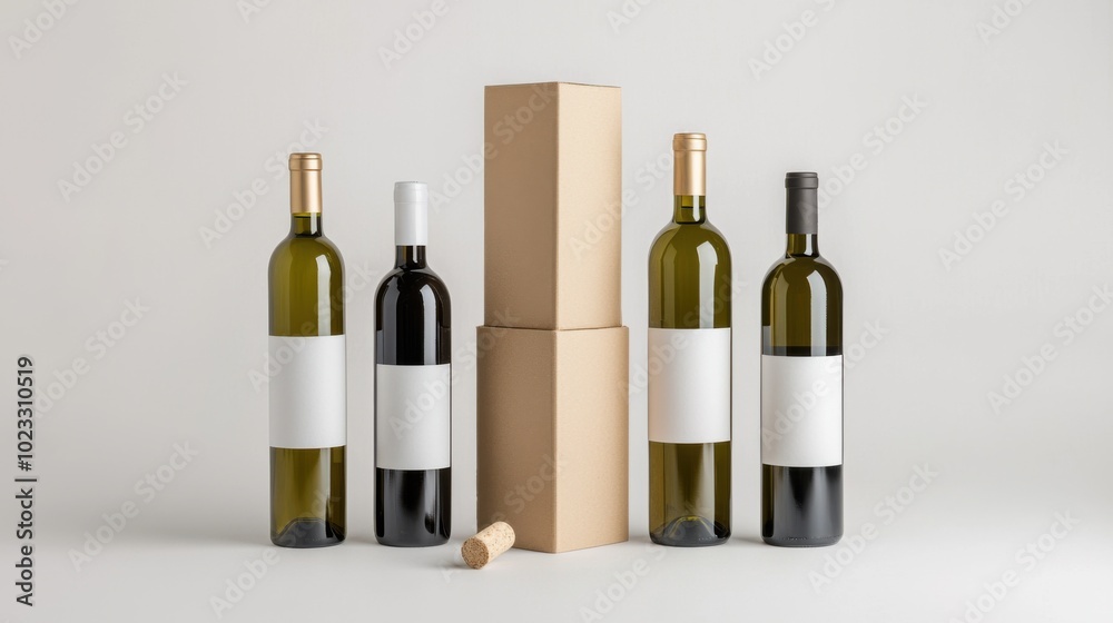 Eco friendly packaging design featuring wine bottles and cardboard boxes. arrangement showcases modern aesthetic with focus on sustainability and minimalism Eco friendly packaging design featuring wine bottles and cardboard boxes. arrangement showcases modern aesthetic with focus on sustainability and minimalism