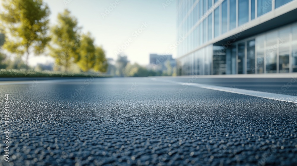 A close-up view of a modern building's entrance with a textured road and greenery.