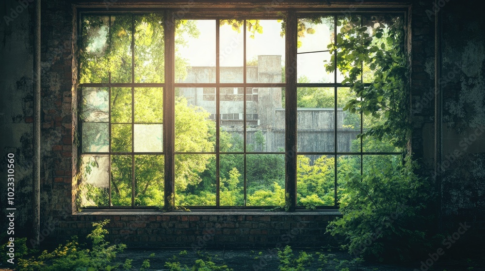 An abandoned warehouse with large, empty windows, framed by nature taking over. Space for text or designs An abandoned warehouse with large, empty windows, framed by nature taking over. Space for text or designs