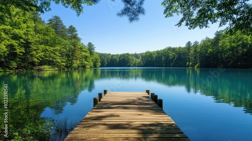 A wooden dock leading to a serene lake, surrounded by trees. Room for text in the clear sky above