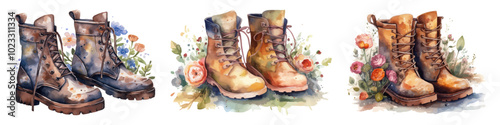 Watercolor rain boots. Rubber boots with floral bouquet.